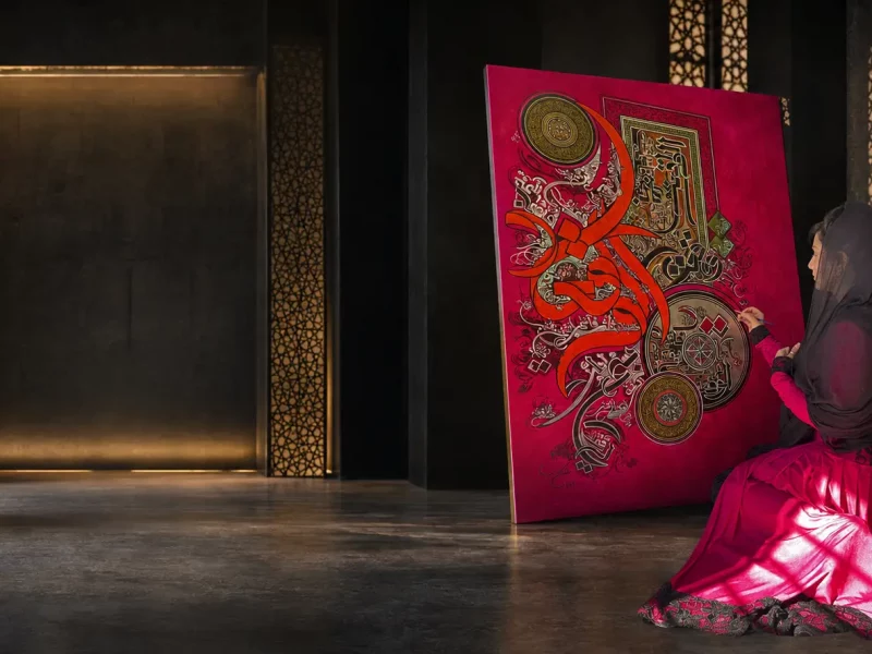 Ayesha Kamal creating a monumental crimson calligraphic painting in a cinematic museum studio